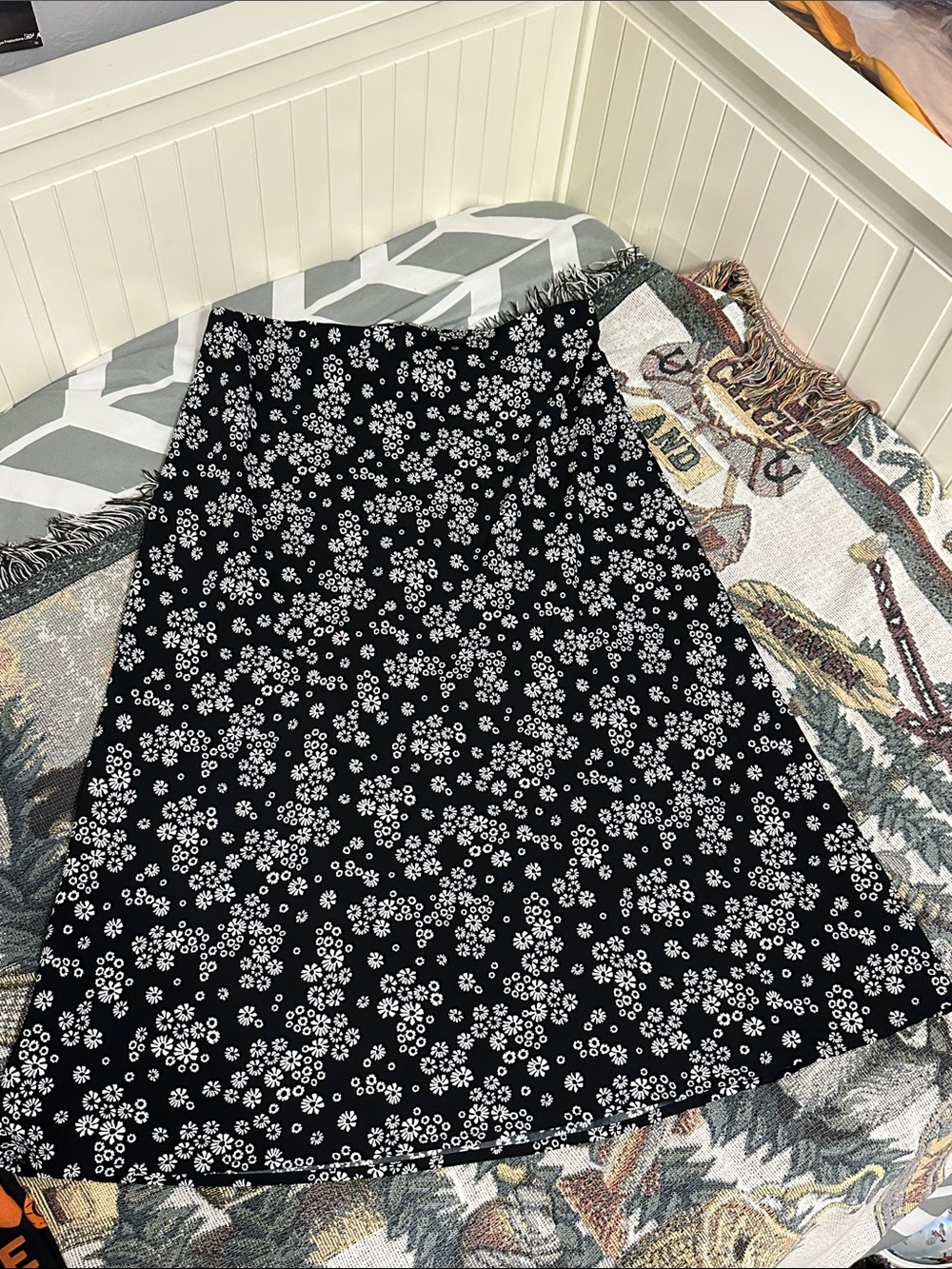 Hilary Radley Black A-Line Midi Skirt with White Floral Print
